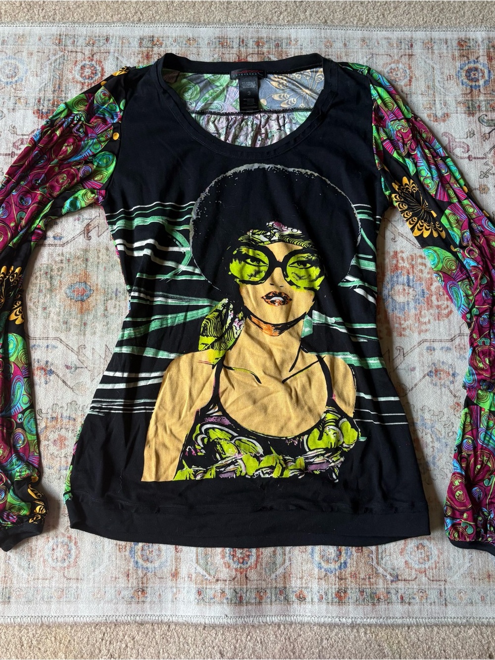Custo Barcelona Black Long Sleeve Graphic Tee with Multicolor Sleeves